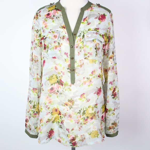 new directions Tops - New Directions Womens Medium Floral Sheer Pocket Popover Blouse Top